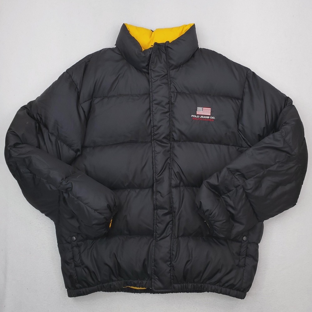 Vintage Polo Ralph Lauren Mens 2XL Black Down Puffer Quilted USA Flag 90s